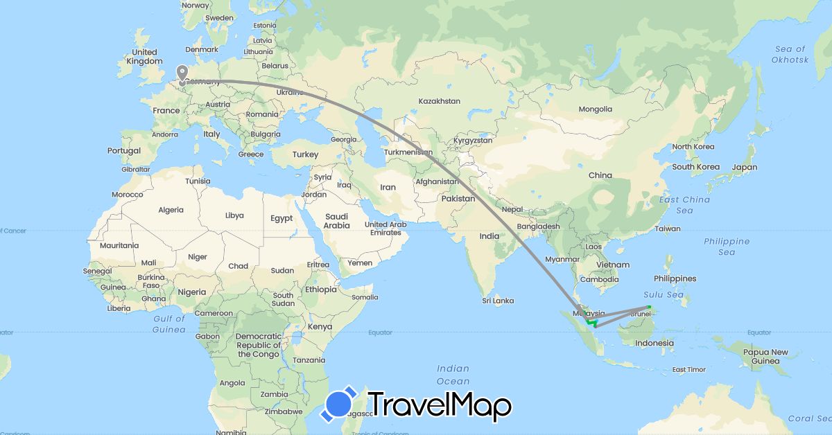 TravelMap itinerary: driving, bus, plane, train, boat in Malaysia, Netherlands, Singapore (Asia, Europe)